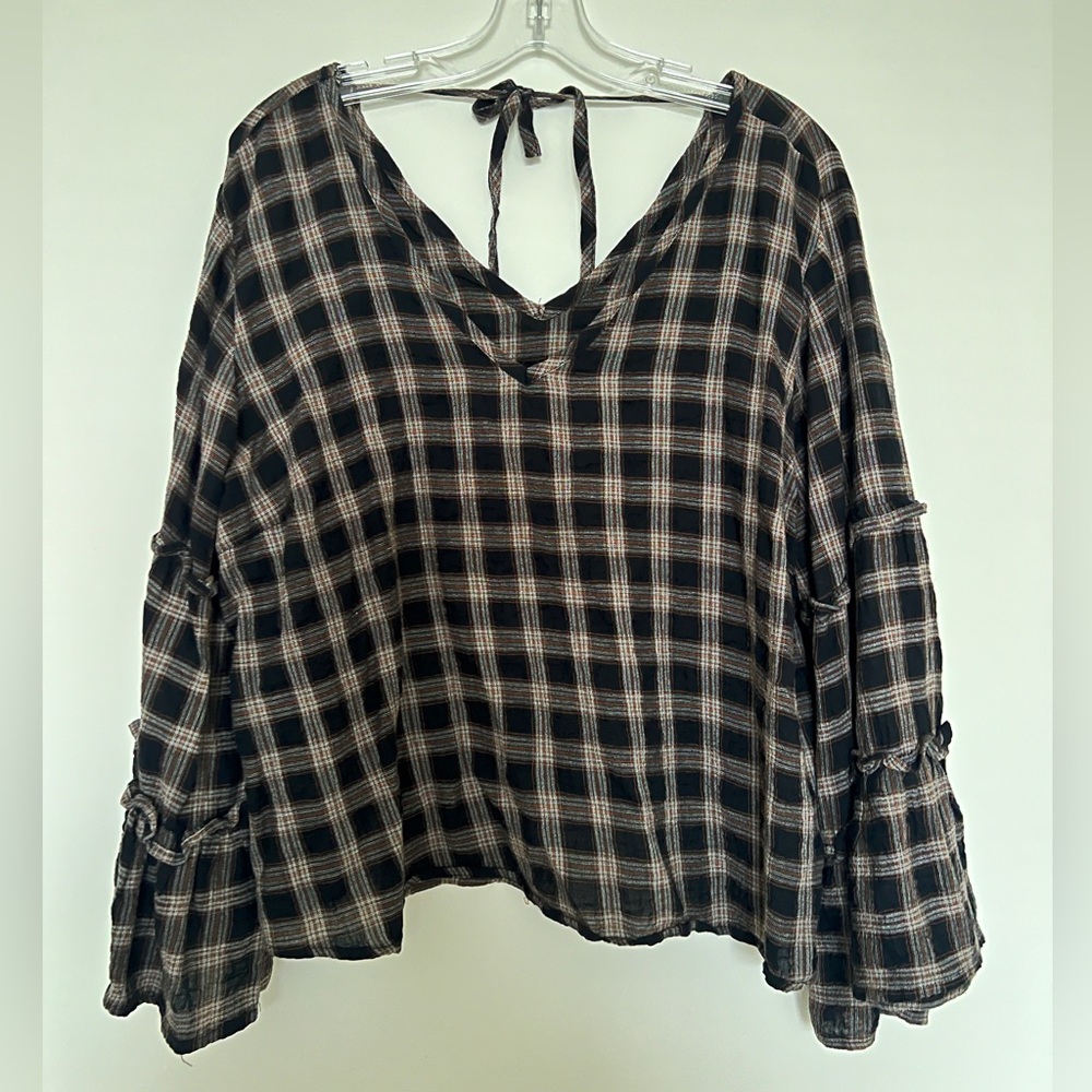 Free People Black and Cream Plaid Blouse